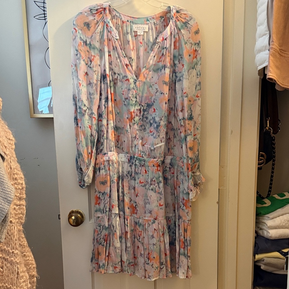 Velvet Multicolor Floral Long Sleeve Dress